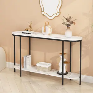 Karlhome  2-Tier Console Table for Entryway, Sofa Table with Storage Shelves White Round Faux Marbled Tabletop Black Metal Frame, Modern Behind Couch Table for Living Room Hallway Entrance Foyer