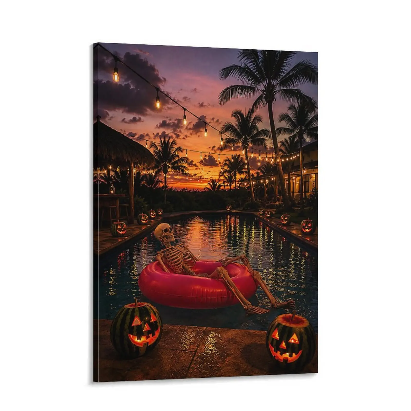 Halloween Skeleton Pool Canvas Wall Art Print - Tropical Sunset Spooky Poster, Funny Summer Gothic Decoration for Bedroom, Halloween Party Room
