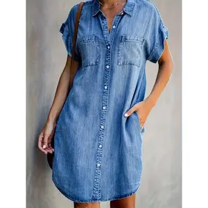 Women’s casual denim dress with a notched lapel collar and front buttons, A-line mid-length, solid color, versatile for spring, summer, and autumn; suitable for semi-formal and casual wear; denim dress made from durable fabric.