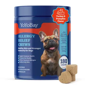 Allergy Relief Chews for Dogs – 180 & 70 Soft Chews Supplement, Turkey & Pumpkin Flavor - YoYoBay Immune Support & Itch Relief Treats with Colostrum, Astragalus Root, 6-Strain Gut Health Blend