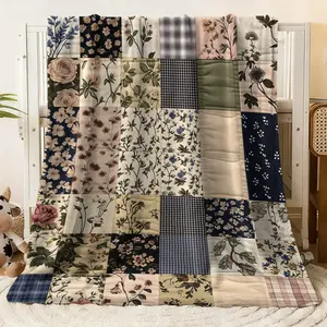 Vintage Patchwork Floral & Plaid Multi - Size Blanket, Cozy Throw with Assorted Botanical, Flower, Checkered Patterns for Bed, Sofa, All - Season Use, Flannel Cozy Blanket, Soft Blanket