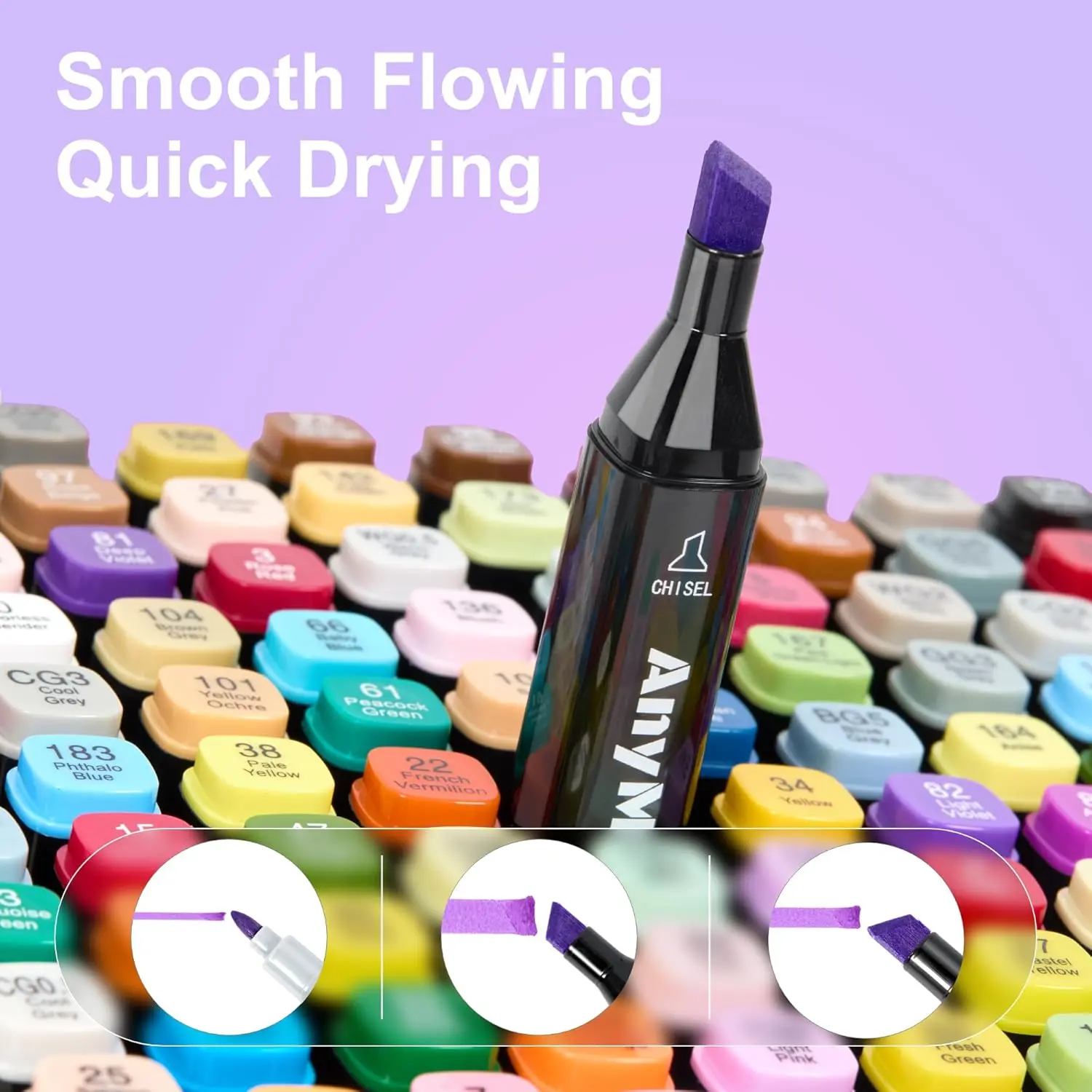 AnyMark 80 Vibrant Colors Dual Tip Alcohol Markers Set with Black Pen Holder & Color Coded Caps Ideal for Coloring Books & Professional Illustration Quick Drying Ink