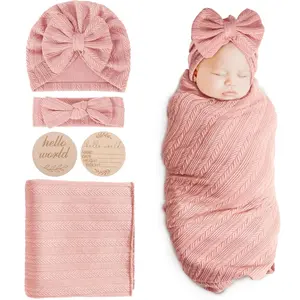 Baby Girl Swaddle Blanket Set, 4-Piece Newborn Accessories with Matching Hat & Bow Headband, Soft Swaddle for Infant Photo, Gift Ready with Card