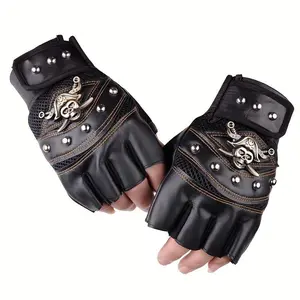 Pirate Aesthetic Skull Half Finger Gloves with Rivet Details for Men Black Biker Outdoor Sports Halloween Costume Gear Versatile Outfits