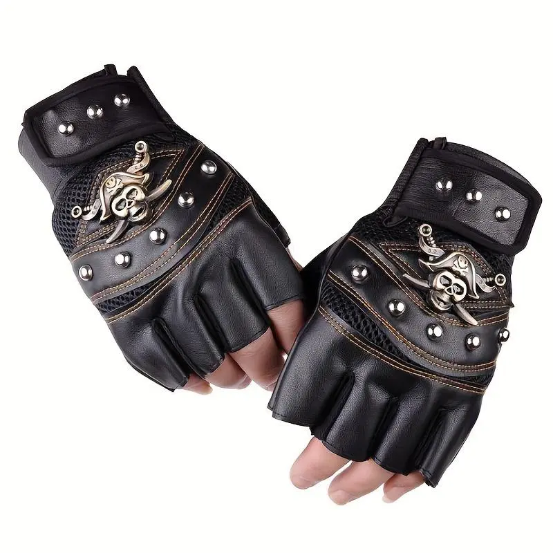 Men's Graphic Skull Fingerless Gloves with Rivets, Gothic Biker Accessory for Motorcycle & Halloween Pirate Costume, Hand Cover, Halloween Costume, Pirate Aesthetic, Male, Motorbike Style Sports Gloves, Rugged Outdoor Sports Gloves