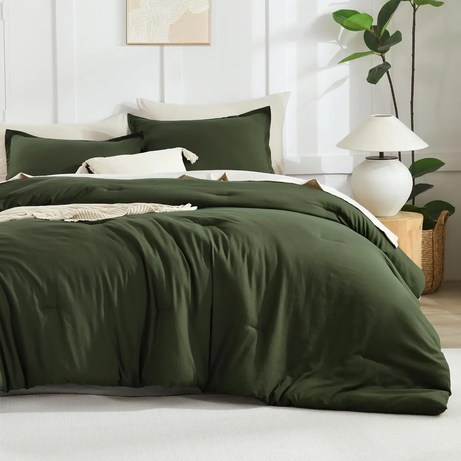 Bohemian Style Synthetic Olive Green Oversized King Size Bedding Set - 1 Lightweight Fluffy 120x98in Comforter, 2 Pillowcases