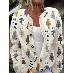 Womens Casual All Over Print Cat Print Cardigan Lightweight Long Sleeve Open Front Sweater With Button