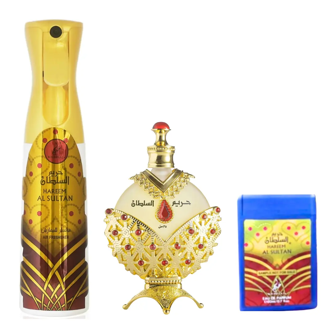 Khadijah Limited Edition 2-Piece Set - Original Hareem Al Sultan Gold Oil, Alcohol-Based Deep Floral Daily Use Fragrance + Hareem Al Sultan Gold Air Freshener, Elegant Long-Lasting Perfume Mist, Deep Floral Perfume