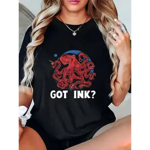 Women's Black T-Shirt with Red Tattoo-Style Octopus & "GOT INK?" Text - Casual Nautical Ocean Top for Tattoo Enthusiasts, Beach/Daily Wear 100% Cotton T-shirt