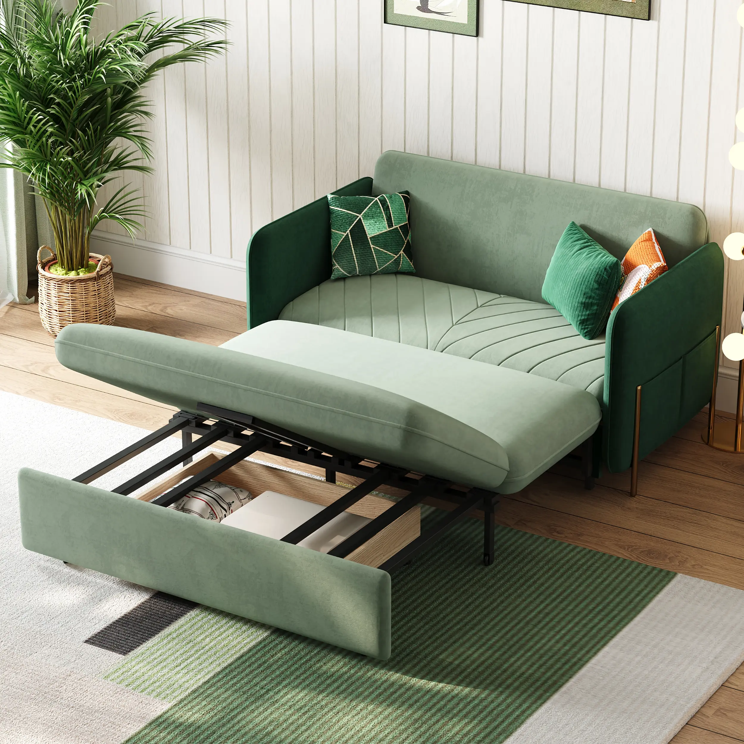 Homary 54" Green Velvet Combination Sofa - Loveseat Sleeper Sofa, Folding Couch with Stainless Steel Frame, Polyurethane Foam Cushion Back, Storage & Pillows, Indoor Living Room Furniture