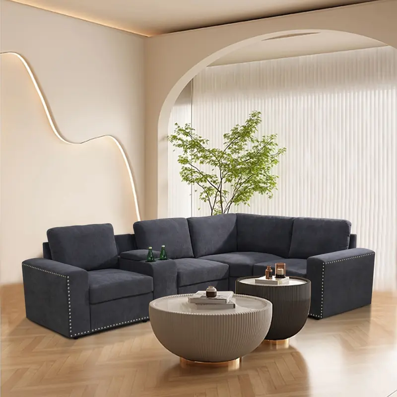 Dark Grey Corduroy 5-Piece Sofa Set - Modular Sectional for Living Room & Small Space