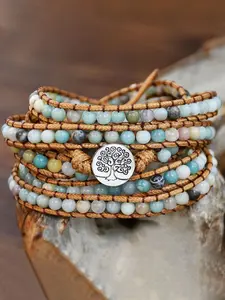 Bohemian-Style Wrap Bracelet for Women, Made with 4mm Natural Stone Beads And Woven Wax Rope, Adjustable with Five Rows of Wraps, Handcrafted Bracelet