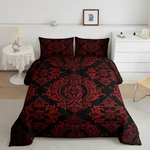 Red Vintage Damask Floral Comforter Set,Oriental Antique Comforter,Twin King Size Gothic Bohemia Boho Flower Bedding Set,Bohemian Exotic Duvet Set