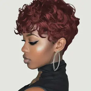 Short Curly Pixie Cut Wigs with Bangs Fluffy Heat Resistant Synthetic Fiber Natural Look Full Machine Hair Replacement Wigs for Women