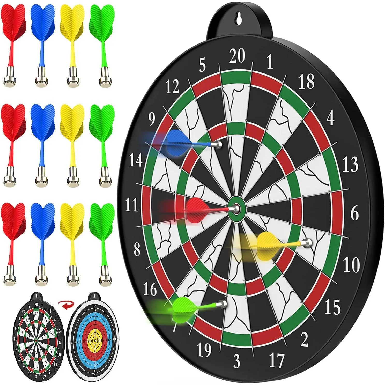 X-OMT27 Classic Double-Sided Round Magnetic Dart Board with 12 Magnetic Darts - Neodymium Magnets, Wall Hanging Party Game for Kid Room, Birthday/Christmas Gift for 5-12 Year Old Boys, Dart Game