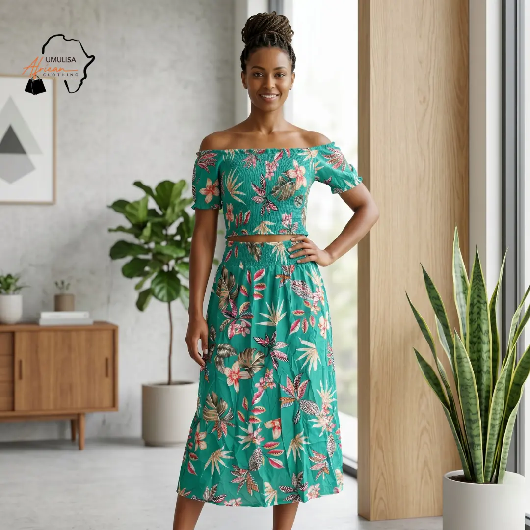 Lina Emerald Bloom Two-Piece Set – Green Floral Off-Shoulder Summer Elegance - Green Floral Two Piece Skirt Set Women, Off Shoulder Crop Top and Midi Skirt Set, Summer Outfit, Casual Chic Matching Set Womenswear