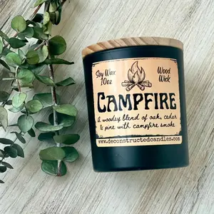 10oz SOY Candle- Campfire Scent - Wood Wick - Frosted matte black container