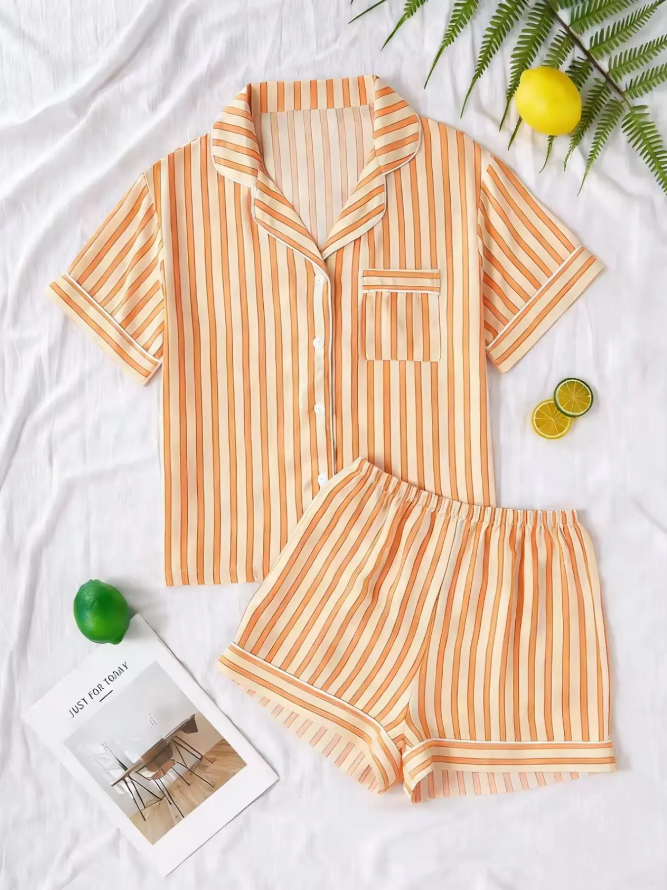 Cute Striped Casual Matching Pajama Set for Women with Button Front Short Sleeve Top with Pockets and Bow Shorts, Summer Sleepwear and Loungewear Pjs, Pyjamas, Homewear