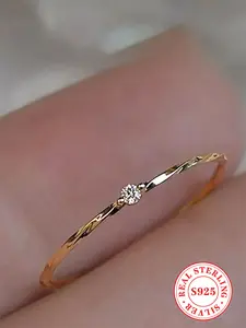 S925 Sterling Silver Simple Style Plain Color Rhinestone Decor Ring, Elegant Everyday Ring, Band Rings, Fashion Accessories for Women & Girls, Trendy All-match & Exquisite Jewelry for Birthday Gift