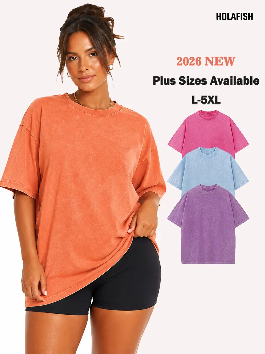 Holafish Women's Plus Size Vintage Acid Wash Cotton T-Shirt L-5XL, Loose Oversized Boyfriend Casual Short Sleeve Crew Neck Pullover, Soft Streetwear Basics Top for Summer Outdoors (Plus Size Clothes, Oversized Tshirt Women)