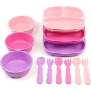 Re-Play 3 Divided Toddler Plates, 3 Utensils Set and 3 Wide Base Bowls - Dishwasher and Microwave Safe - Made in USA - Princess