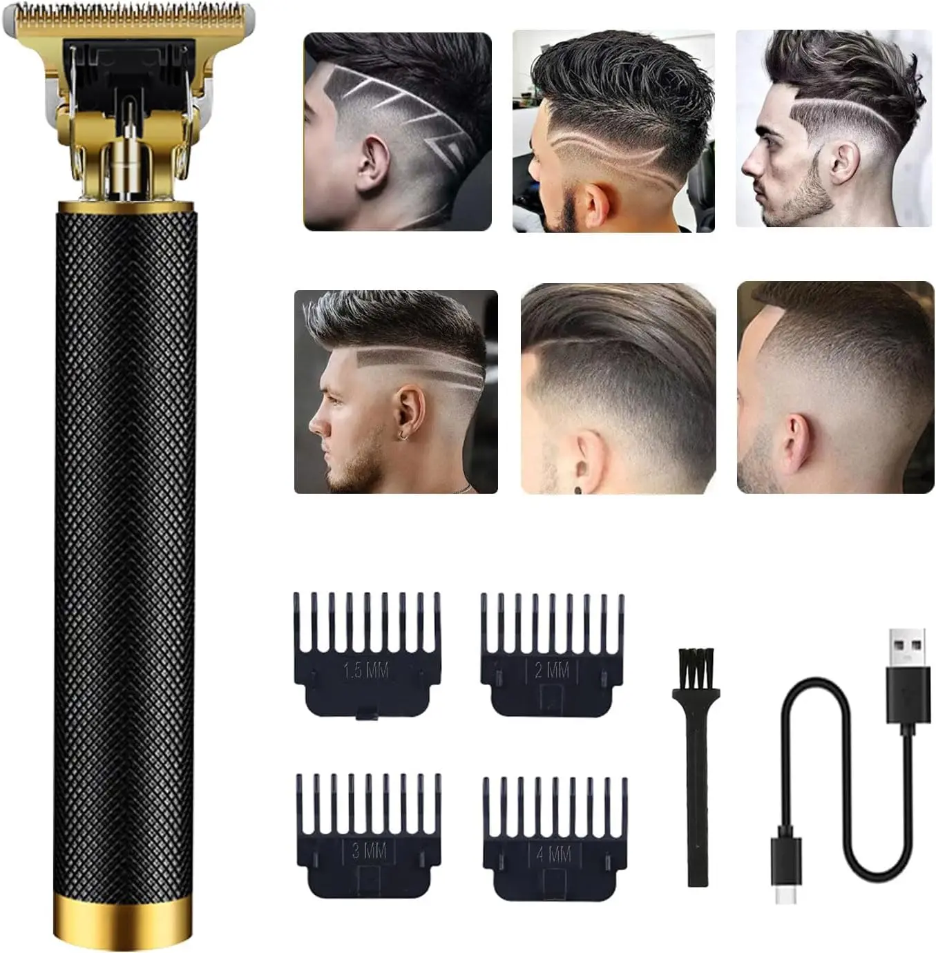 T9 Zero Gap Cordless Hair Detail Trimmer, USB Rechargeable Vintage Barber Clipper with 4 Limit Combs for Men Fade Cut, Beard & Hairline Pattern Design