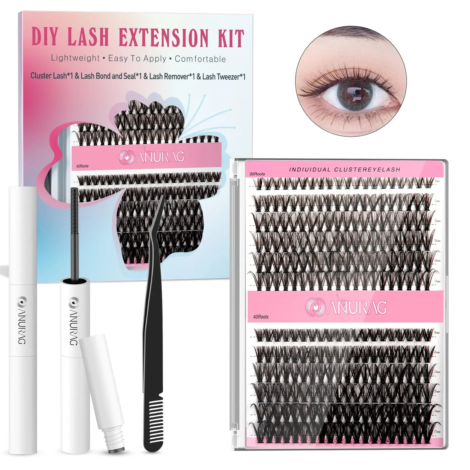 DIY  Eyelash Extension Kit 24 Eyelash Set Kit Individual Eyelashes Natural 9-17mm Kit with Applicator Tools Inside: Eyelash Adhesive and Sealant and Eyelash Tweezers for Beginners to Extend Eyelashes at Home，Christmas gifts，#SummerWins #DealsForYouDays