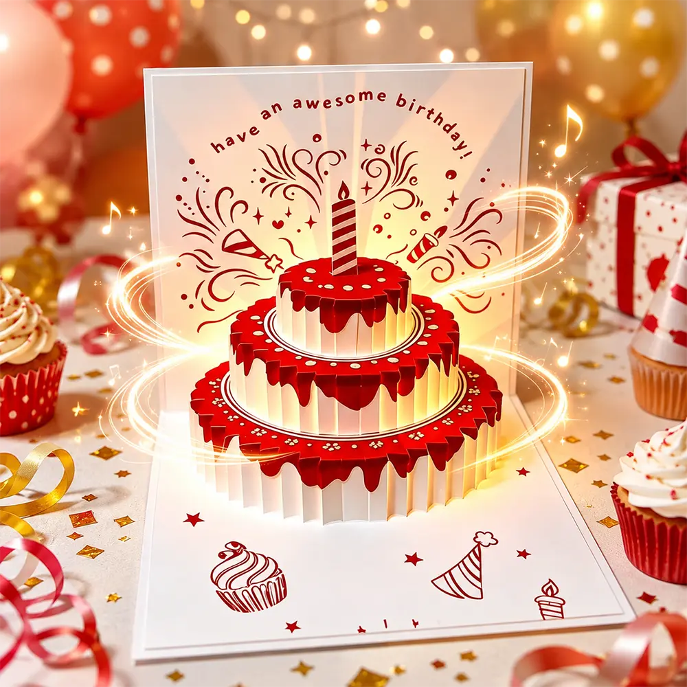 3-Tier 3D Pop-Up Glowing LED Light Red White Birthday Cake Card, Handmade Paper Craft Office Stationery, Decorative Surprise Gift for Friends/Family, Festive Party Decor Back to School Pop Up Cards Happy Birthday Card Popupcard