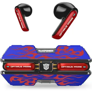 Transformers Optimus Prime Official Bluetooth 5.4 Headphones, Wireless Earbuds with ENC Noise Cancelling Mic |   Durable Alloy Earbud Case |   Immersive Soundfor Gaming & Commute |   Blue ear bud cute mini invisible reduction Foldable HiFi earplug open