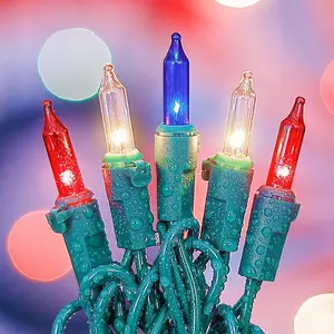 50 Count Red White Blue Mini String Lights with Green Wire Connectable 13ft 120V Waterproof Patriotic Incandescent Lights for 4th of July Independence Day Indoor Outdoor Decor