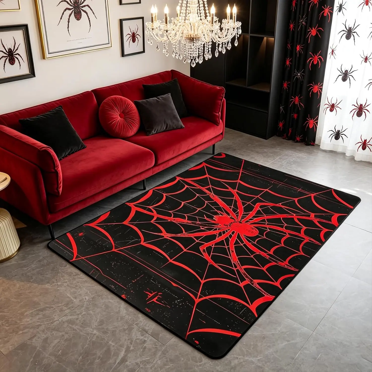 Spider Web Area Rug Red Spider Arachnid Animals Print Indoor Floor Mats Entrance Rugs Room Decor,Gothic Halloween Theme Non Slip Absorbent Carpets, (Rectangular)