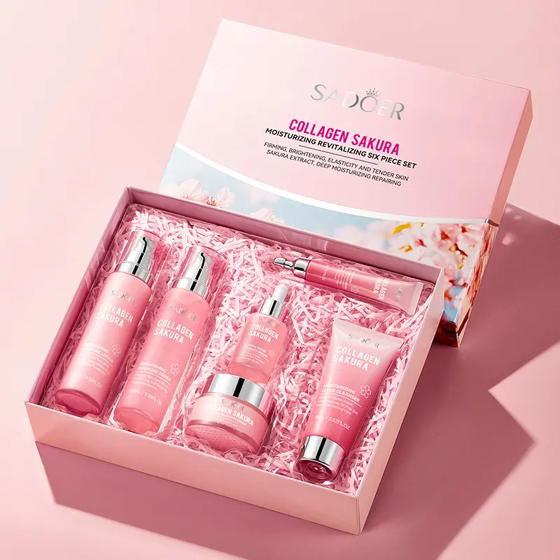 6-Piece Sakura Collagen Face Care Kit - Cleanser, Serum, Lotion, Cream, Sakura Extract, Hydrating, Moisture-Boosting, Soothing, Daily Firming, Brightening, Elastic Skin, Deep Repair