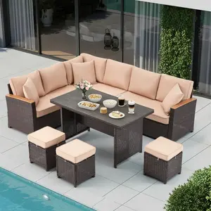 7-Piece Patio Furniture Set, Outdoor Sectional Sofa with Dining Table & 3 Ottomans, PE Rattan Patio Conversation Set for Garden, Poolside & Backyard