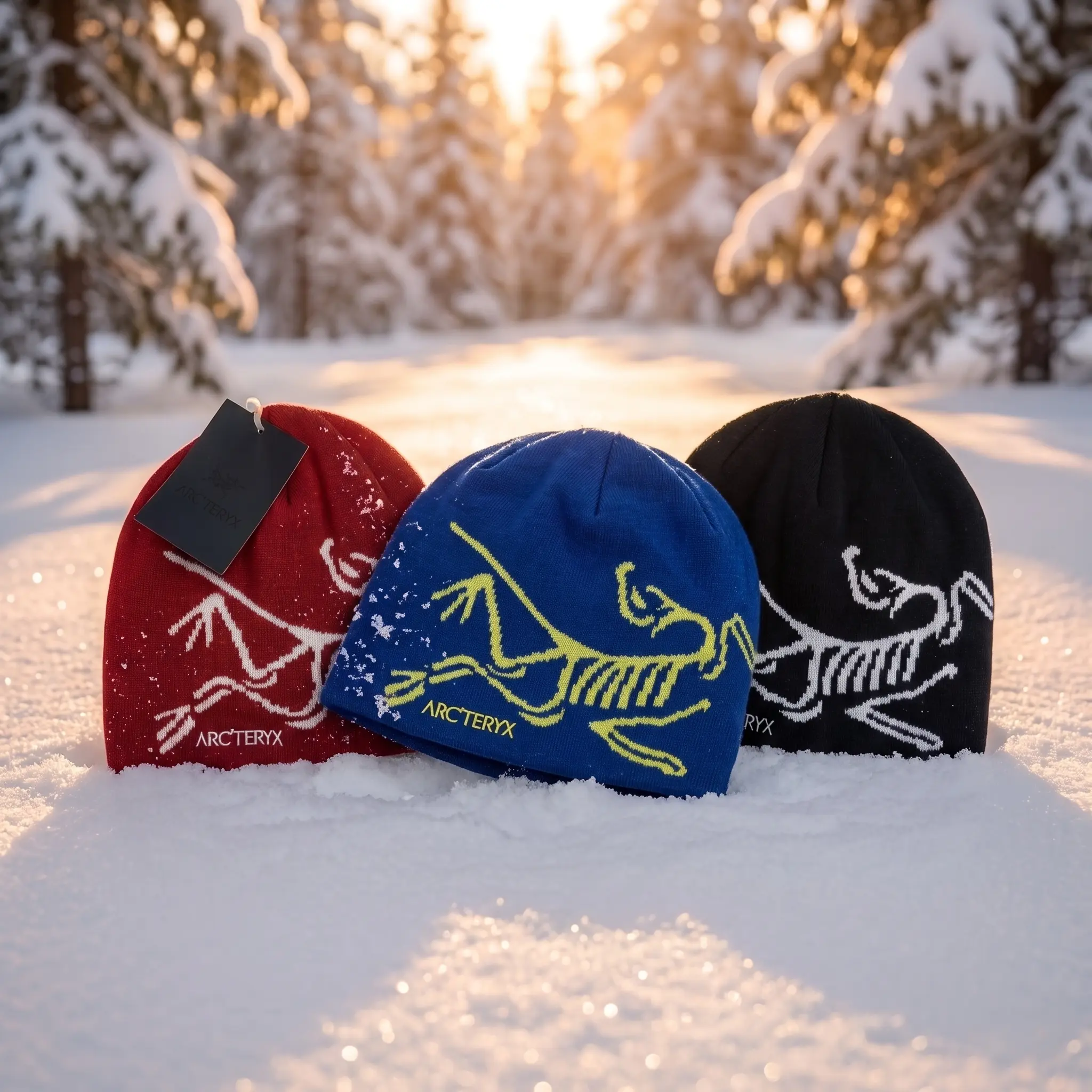 Arcteryx Bird Head Logo Winter Knit Beanie Sunset Snow Edition | Soft Recycled Wool Blend Thermal Toque Hat | Y2K Frozen Legacy Ski Snowboard Apparel