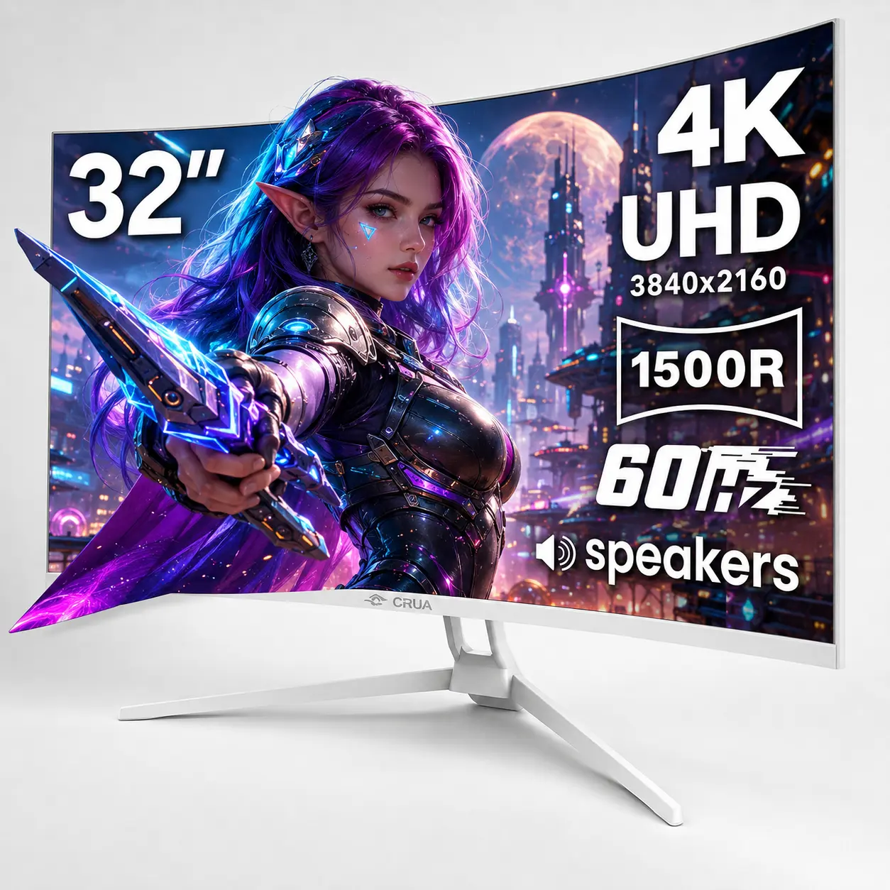 CRUA 32" White Curved 4K UHD 60Hz Monitor,1500R VA Screen,AMD FreeSync,Built‑in Speakers,120% sRGB,Blue Light Filter,HDMI 2.0 DP 1.4,75x75mm VESA Wall Mount for Gaming Photo Editing & Office Work