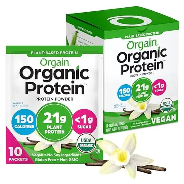 Orgain Organic Vegan 21g Protein Powder, Vanilla Bean, 10 Travel Packs