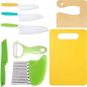8 Pcs Wooden Kitchen Knife Set for Kids - Includes Safe Knives, Serrated Plastic, Potato Slicers, Sandwich Cutter, Peeler and Cutting Board Montessori