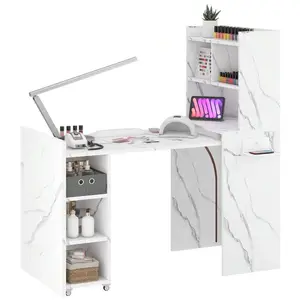 Advwin Foldable Manicure Table Nail Desk, Extendable Nail Station With Storage Shelf & Fabric Drawer, Wall-Mount Nail Tech Table Modern Multipurpose Table For Home & Office, Space-Saving Design