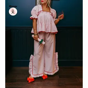 Women Pajama Set, Stripes/Plaid Short Sleeve Square Neck T-shirt with Pants Sleepwear Loungewear