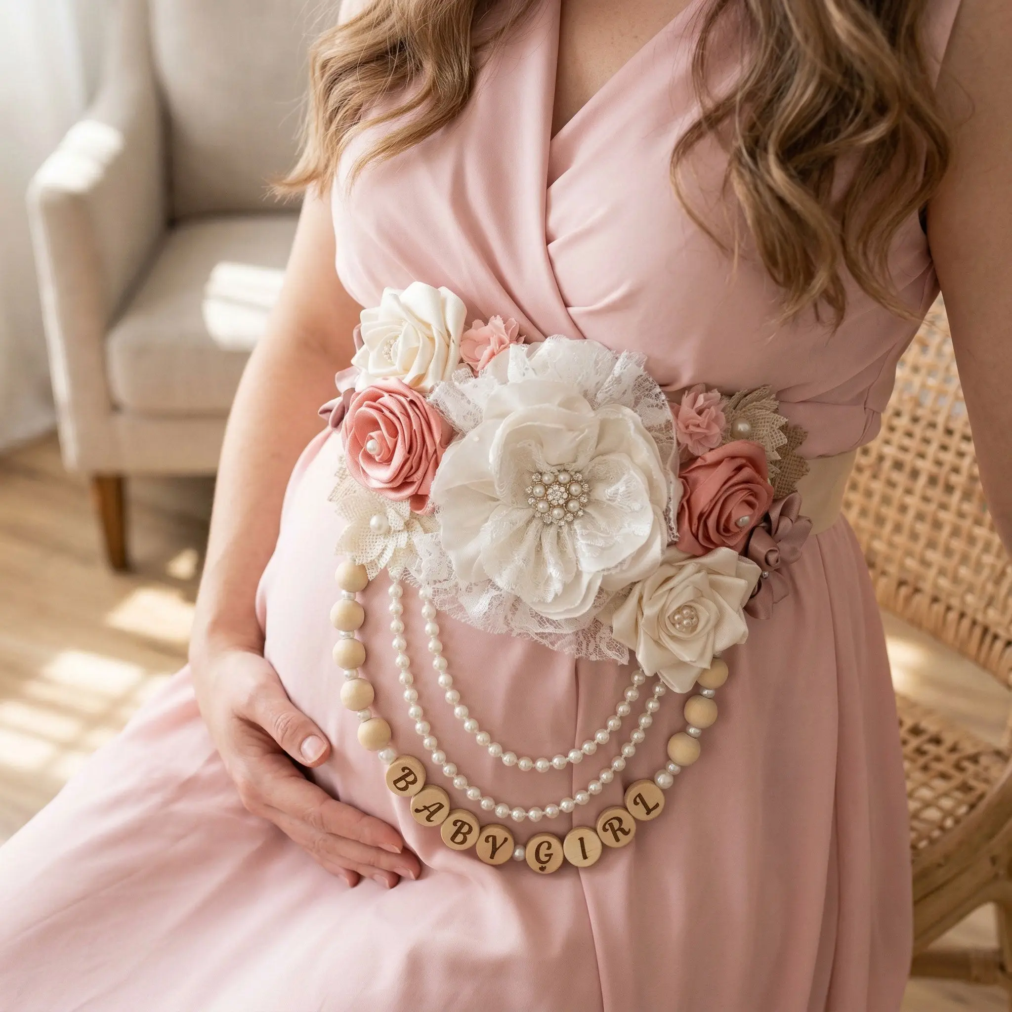 Custom Floral Maternity Sash with Personalized Name Charm - Boho Chic Mommy-to-Be Sash