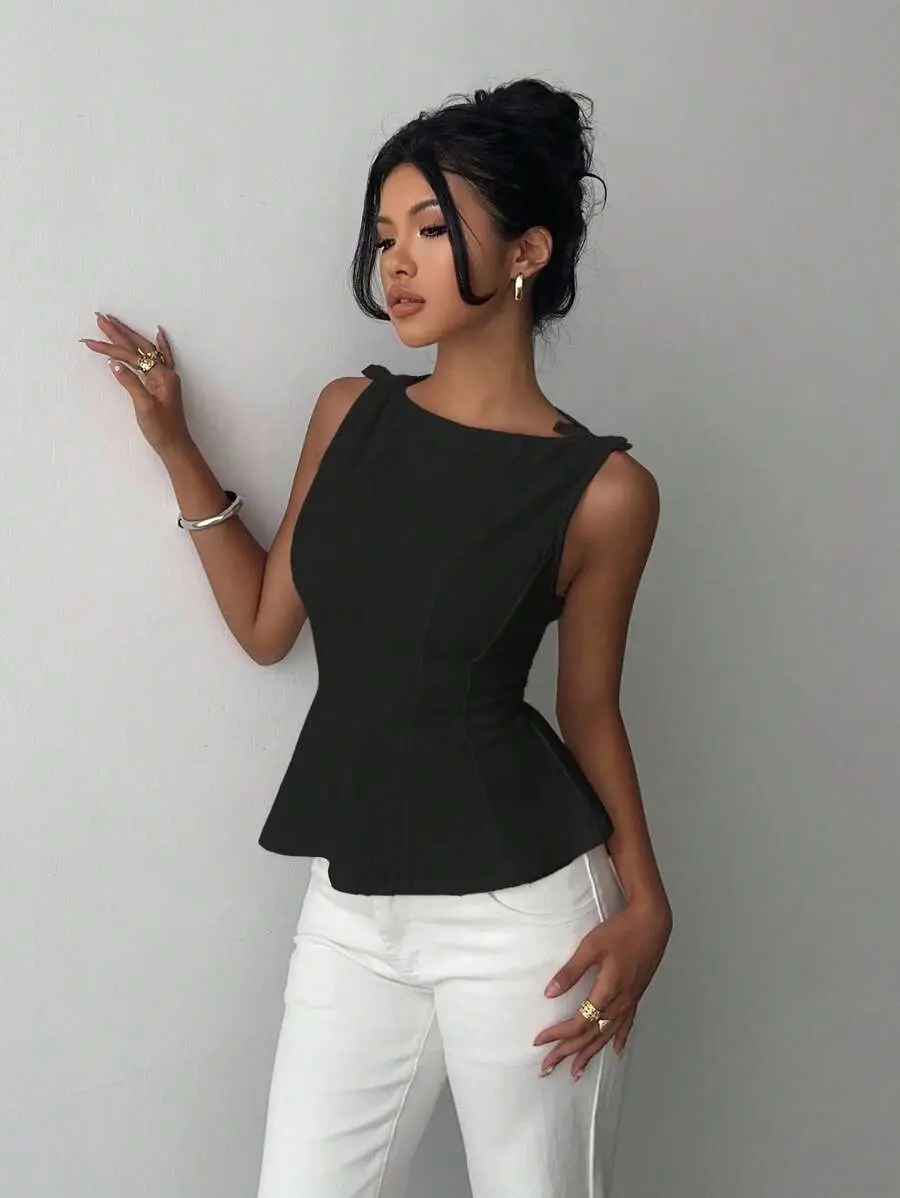 Women's Elegant Burgundy Peplum Top Sleeveless Boat Neck Blouse Business Casual Office Chic Waist Cinching Summer Workwear
