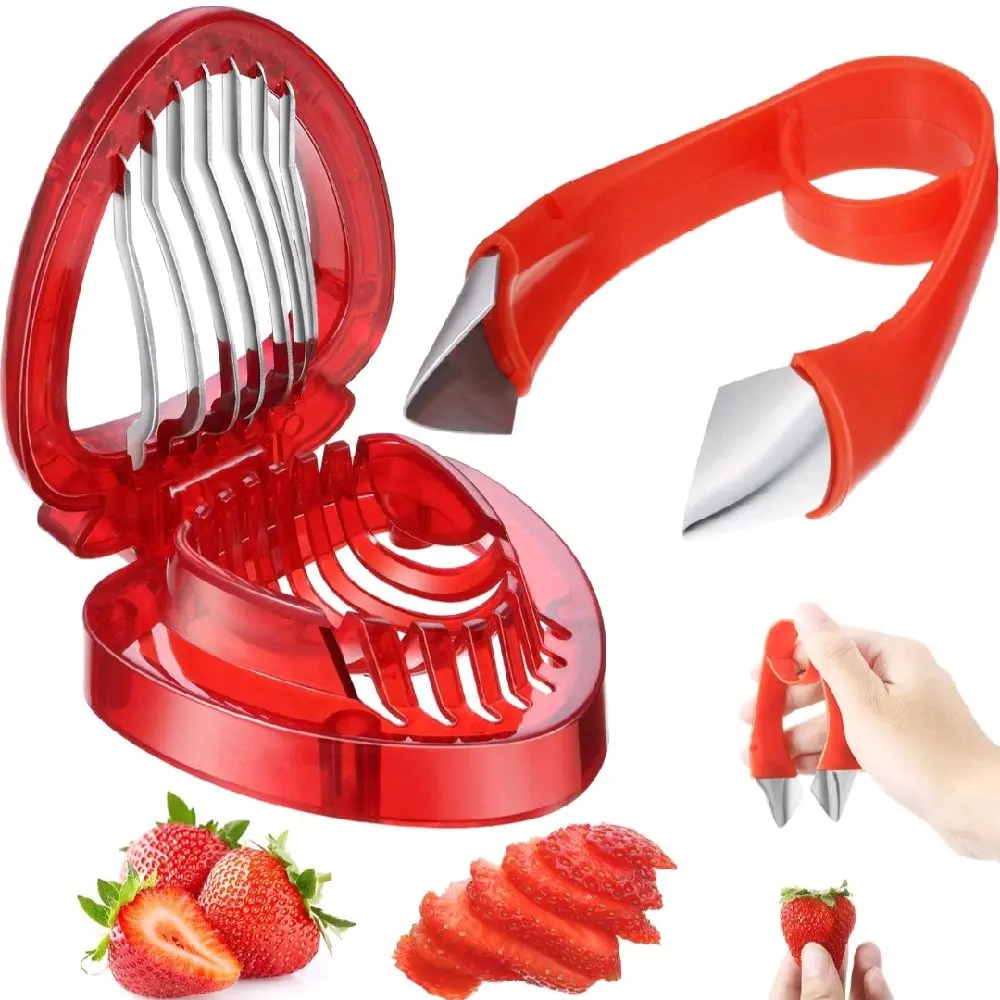 2PCS Strawberry Slicer & Huller Set, Fruit Stem Remover Cutter Tool for Strawberry, Tomato