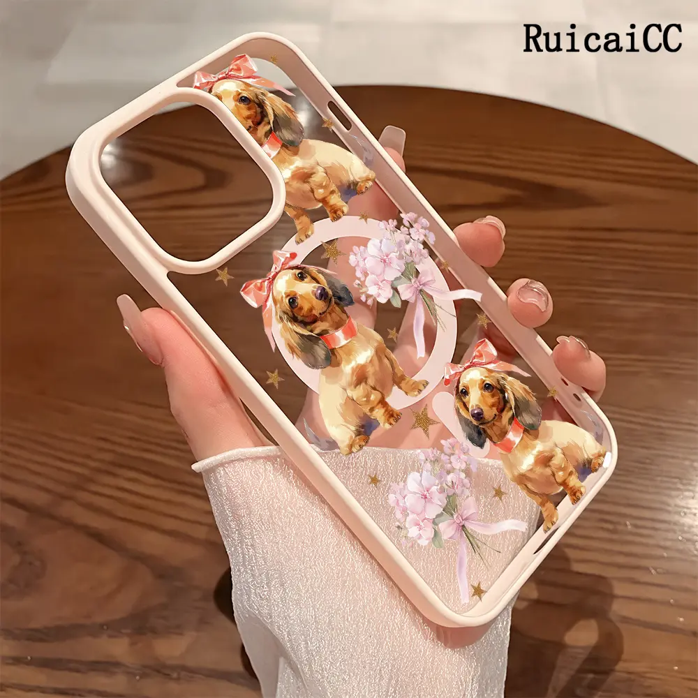 Premium Magnetic Phone Cases for iPhone11/12/13/14/15/16//17/Air/promax/Plus Adorable dachshund with pink bow And Floral 2k cased MagSafe Ready, Anti-Fall, Springtok and Ultra-Thin Design | Perfect for Everyday Use Screen Protector Resistance
