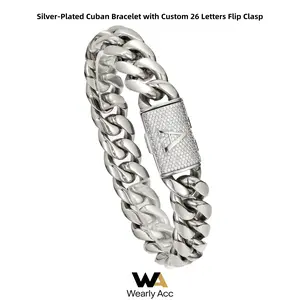 14mm Cuban Link Bracelet, Silver Plated, Waterproof & Non-Tarnish, Custom 26 Letters Clasp, 7.5/8.5 Inches, Perfect Gift for Men Women