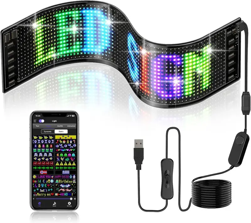 Car Decorative Thin LED Digital Scrolling Matrix Panel - Bluetooth App Control, DIY Programmable, 5V2A Plug-in USB Powered, for Cars/SUVs/Trucks, Decoration, Wedding Decorations