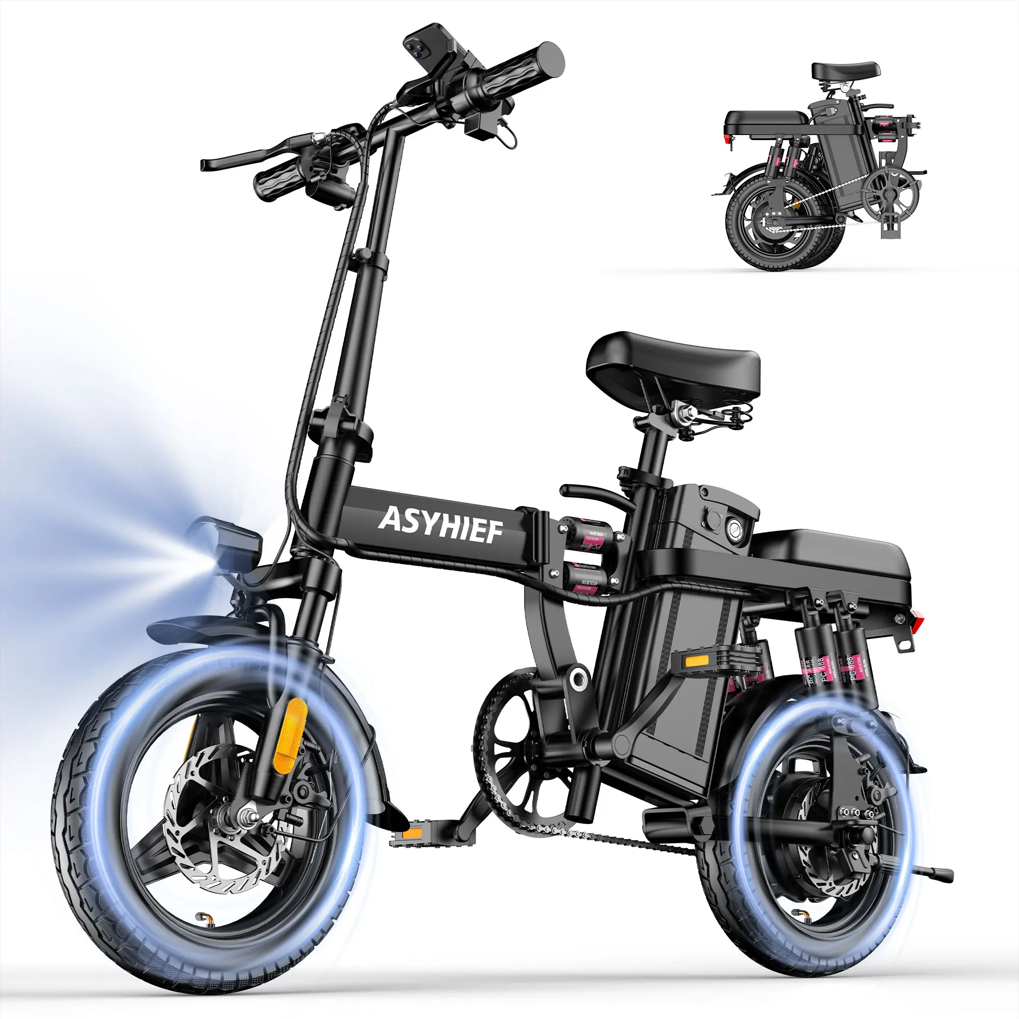 ASYHIEF A10 14-Inch Foldable Adult Electric Bike, 1500W Peak Power, 25MPH Max Speed, 48V 10AH Detachable Battery, IPX65 Waterproof, 8s Quick Fold for Car Trunk, 20° Climb Slope, 20-35 Mi Range, City Commuter Mini E-Bicycle, 1500W Power, Adjustable Seats