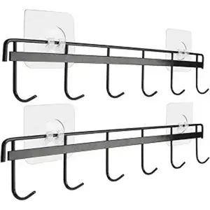 Adhesive Wall Hooks Rack Kitchen Rail Organiser Installation with 6 Hooks for Kitchen Bathroom Bedroom, Black