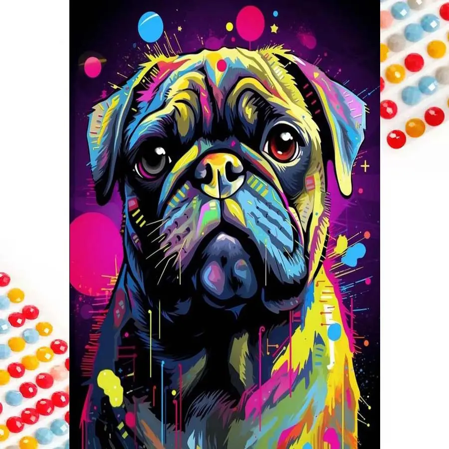 5D DIY Full Drill Round Diamond Painting - Diamond Art Kit Colorful Pug Mosaic, Canvas - DIY Craft Decorative Painting, Home Wall Decoration, Suitable for Halloween, Christmas, Birthday and Anniversary Gifts, Diamond Painting Kits