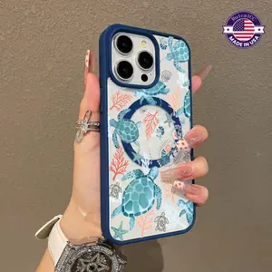 Customized TPU Magnetic Smartphone Case for iPhone 16 Pro Max,15 Plus,14,13,12,11 - Aesthetic Ocean Sea Turtle Seagrass Pattern, Durable Grip, Shockproof, Anti-Scratch, Non-Yellowing, Transparent with Colorful Border, Protective Mobile Accessory