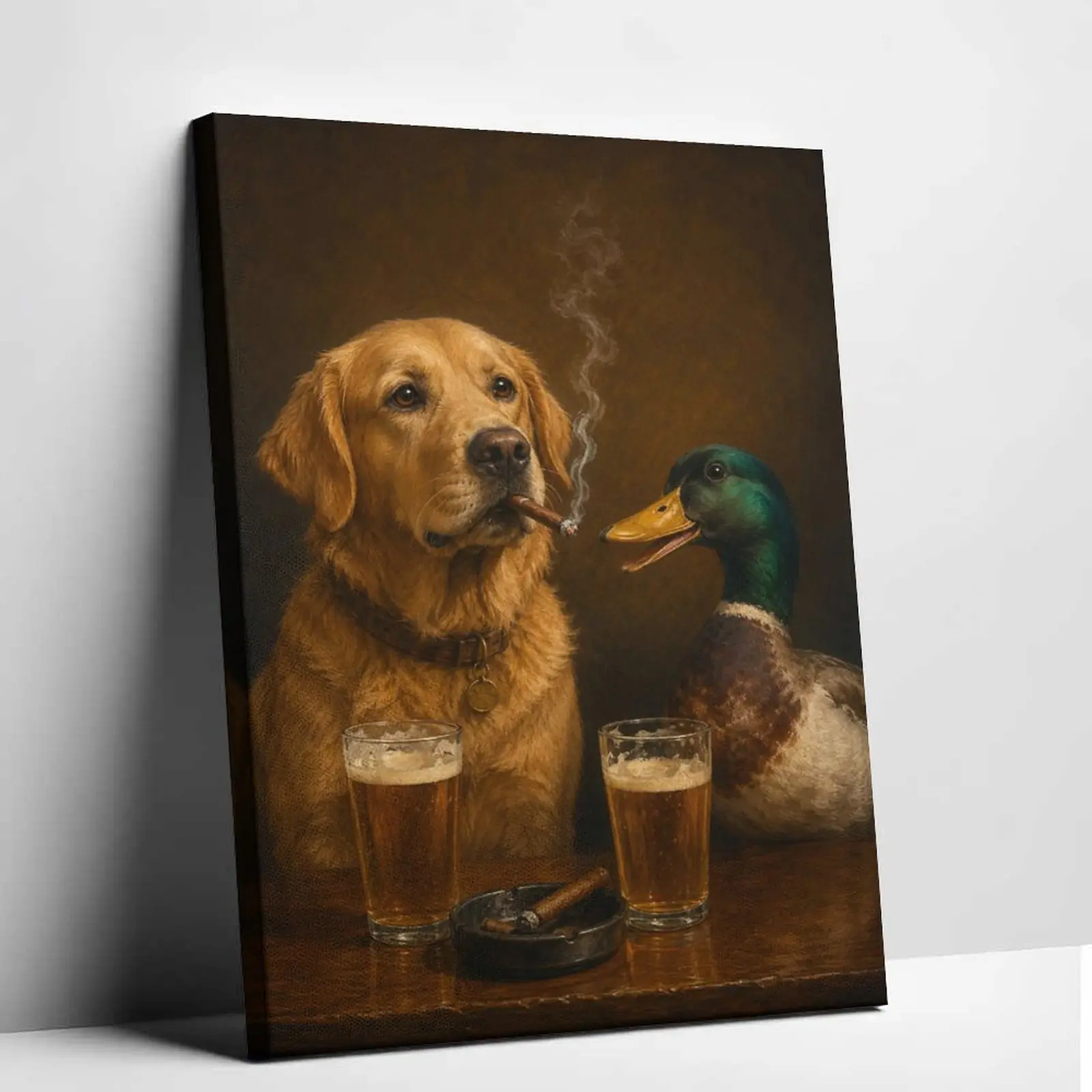 Funny Dog and Duck Canvas Wall Art, Vintage Animal Bar Poster, Humorous Pub Decor, Rustic Farmhouse Wall Decor, Funny Pet Canvas Print for Man Cave, Bar, Kitchen, Living Room